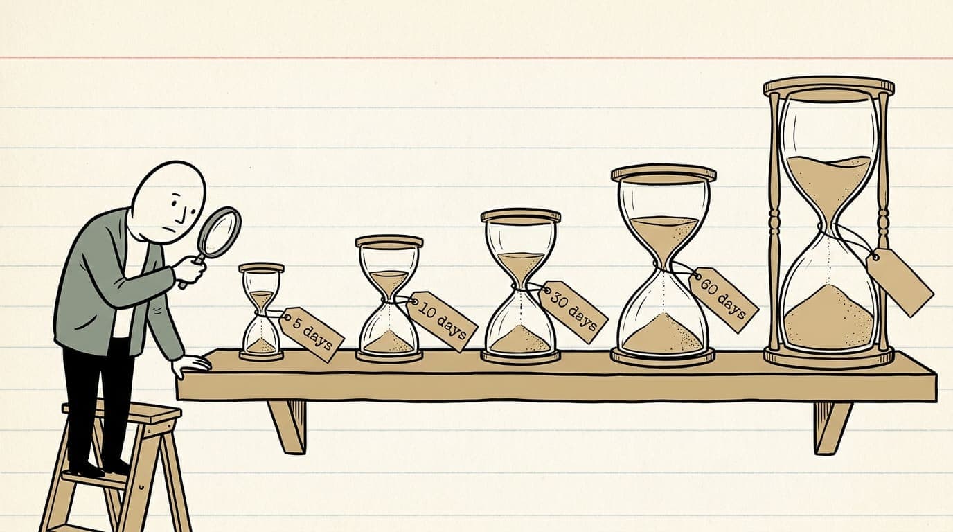 A cartoon. A records clerk on a stepladder peers through a magnifying glass at the smallest of five hourglasses on a shelf. Their tags read “5 days”, “10 days”, “30 days” and “60 days”; the largest has a blank tag.