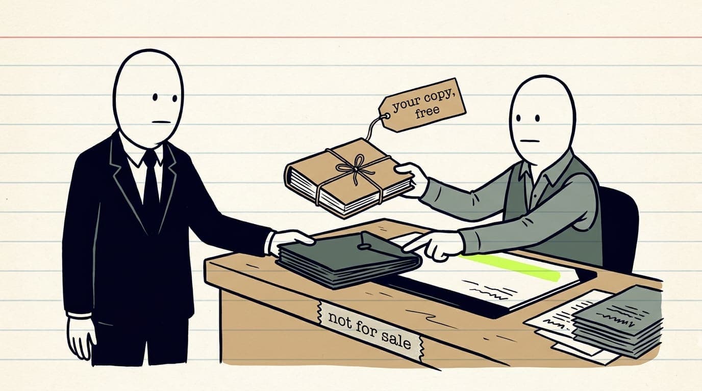 A cartoon. At a records counter, a visitor in a suit slides an envelope across. The clerk pushes it back with one finger and hands him a bound document tagged “your copy, free”. Tape on the counter reads “not for sale”.
