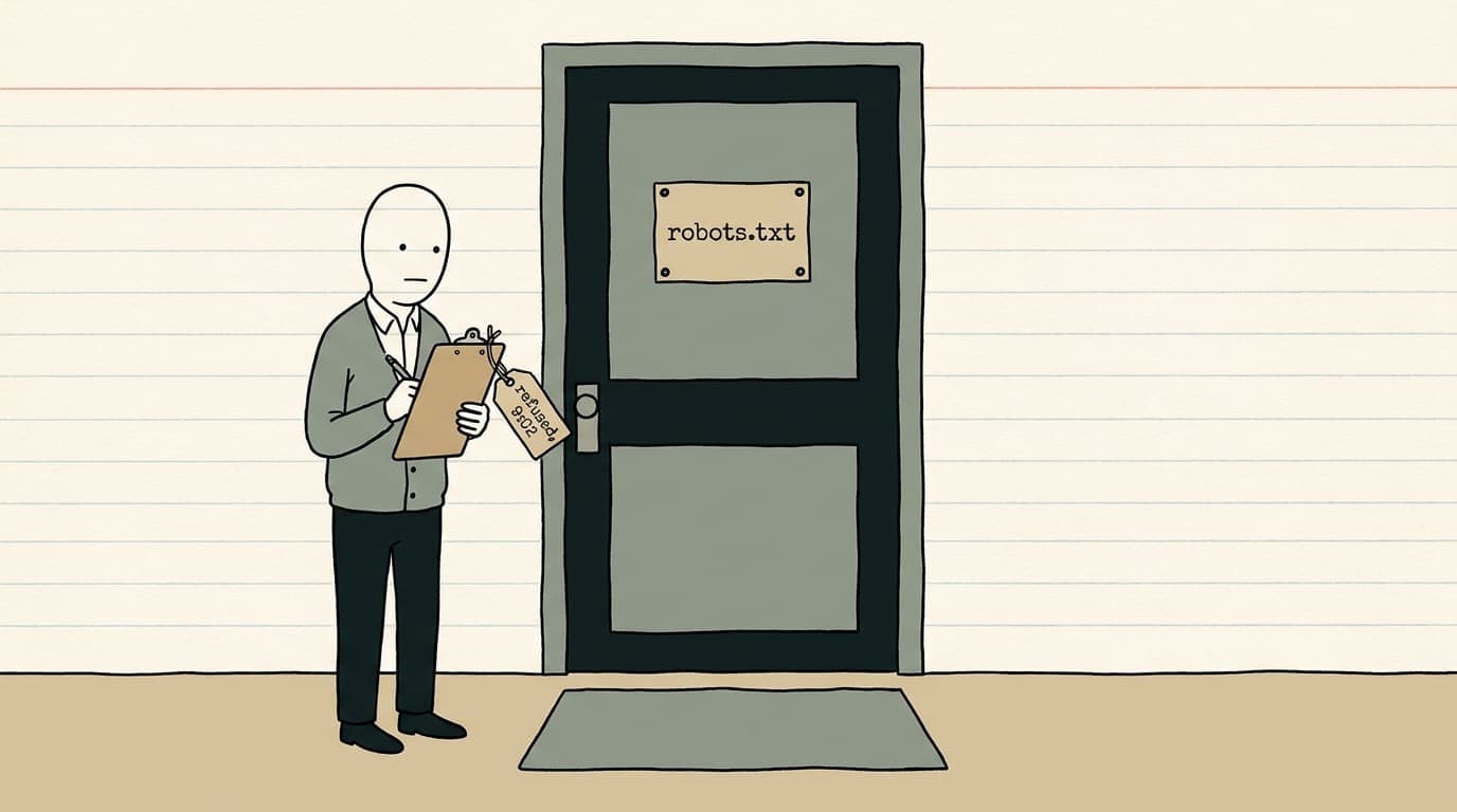 A cartoon. A records clerk stands politely at a closed door with a sign reading “robots.txt”, writing on a clipboard whose tag reads “refused” and a time, not trying the handle.