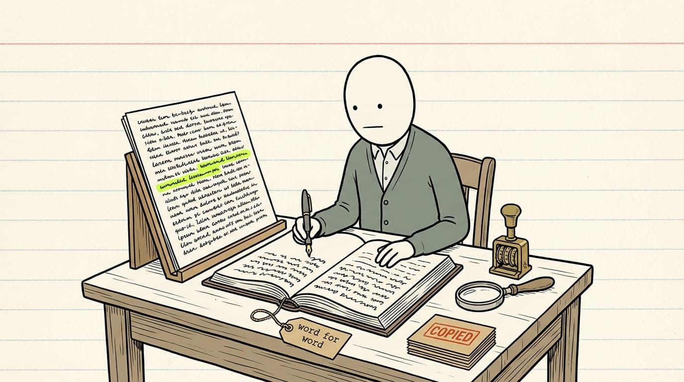 A cartoon. A records clerk at a desk copies a printed page into a ledger with a fountain pen, one line on the page highlighted. The ledger has a tag reading “word for word”, and a stack of index cards on the desk is stamped “COPIED”.