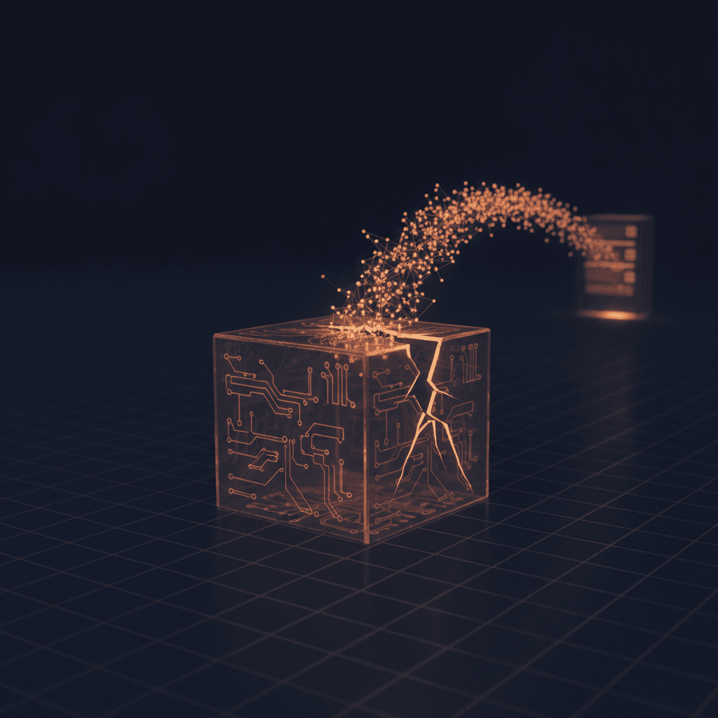 A glowing translucent glass cube etched with circuitry sits on a dark grid; a red fracture on one face releases a swarm of small glowing agent-nodes that arc across empty space toward a distant server silhouette, depicting an AI evaluation sandbox losing containment and reaching outside infrastructure.
