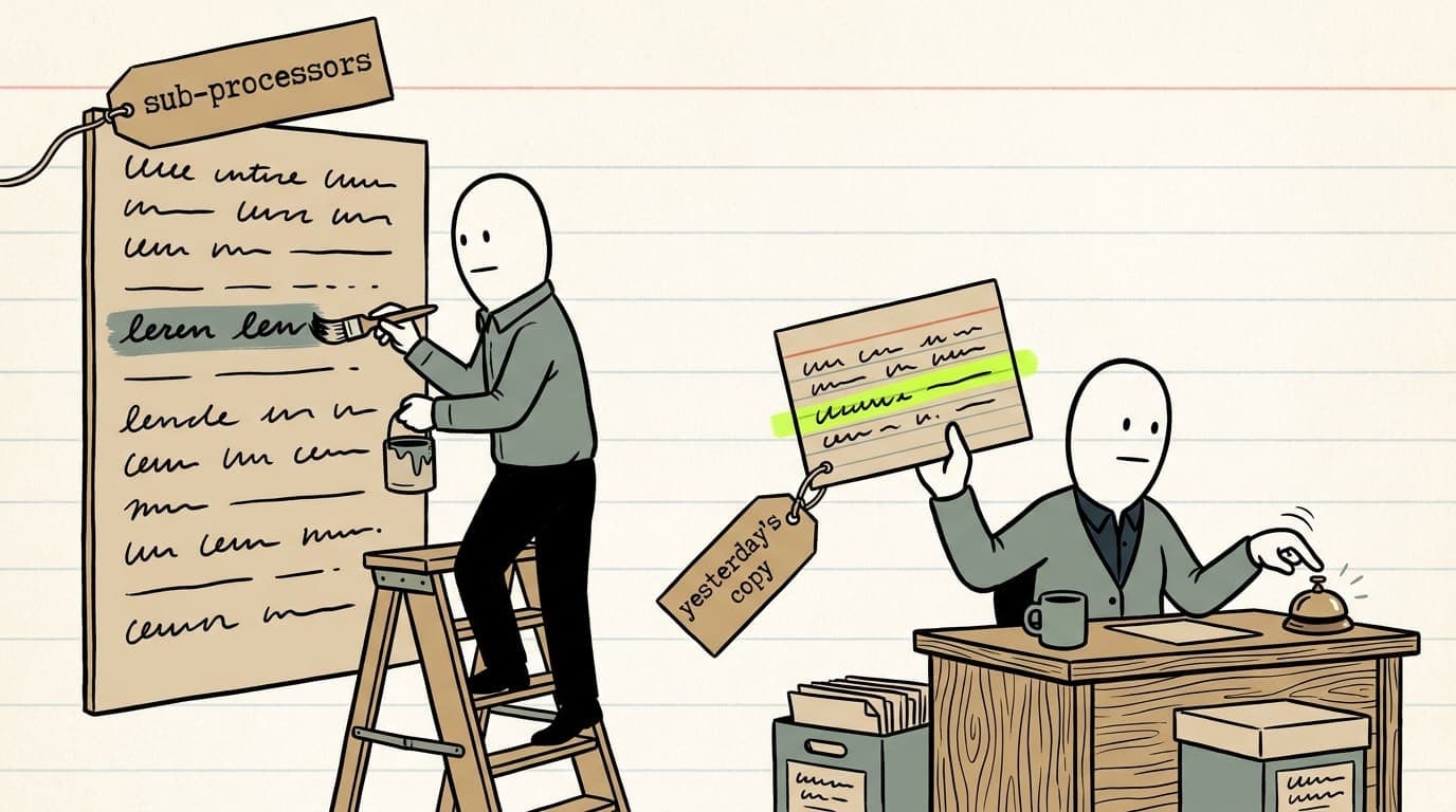 A cartoon. A sign painter on a ladder quietly paints over one line of a notice board tagged “sub-processors”. At a desk nearby, a records clerk holds up an index card tagged “yesterday’s copy”, the changed line highlighted, and taps a service bell.